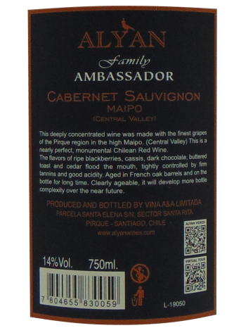 Thông tin chai ALYAN Family Ambassador Cabernet Sauvignon